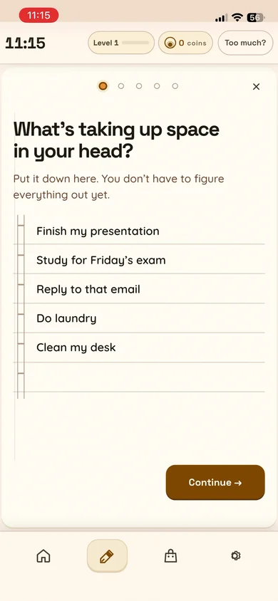 NEXT Brain Dump with thoughts and tasks written on a lined page.