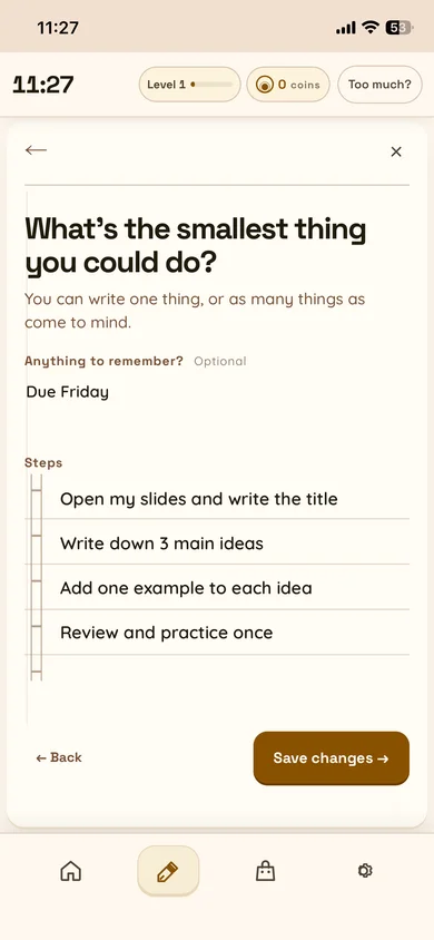 NEXT Quest broken into four small Steps for finishing a presentation.