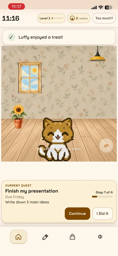 Luffy enjoying a treat in the NEXT Room, with the current Quest below.