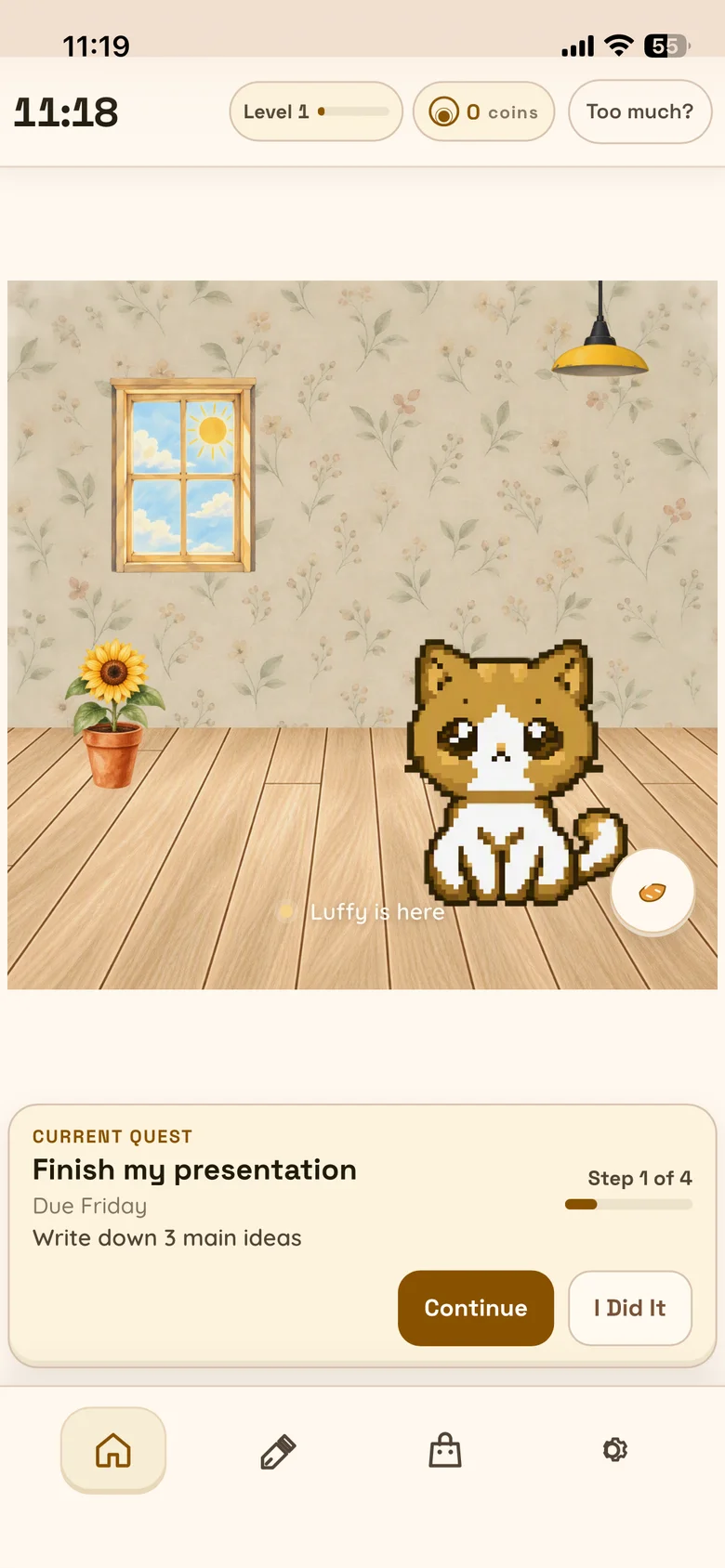 The real NEXT Room screen: Luffy in a cozy room and one small Step for the current Quest.